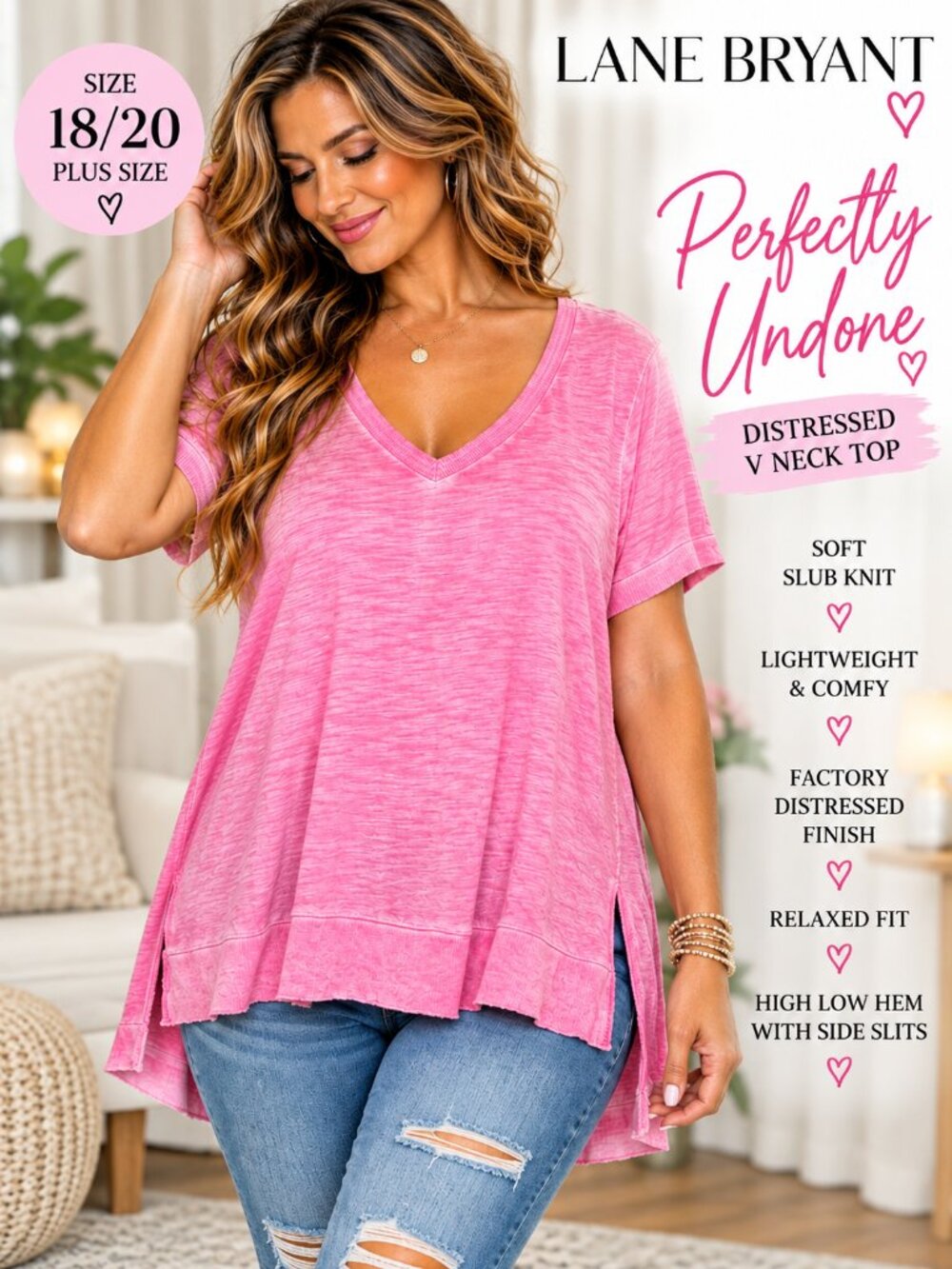 Lane Bryant Pink Distressed Slub V Neck Tunic Top High Low Hem Plus 18/20 Tee